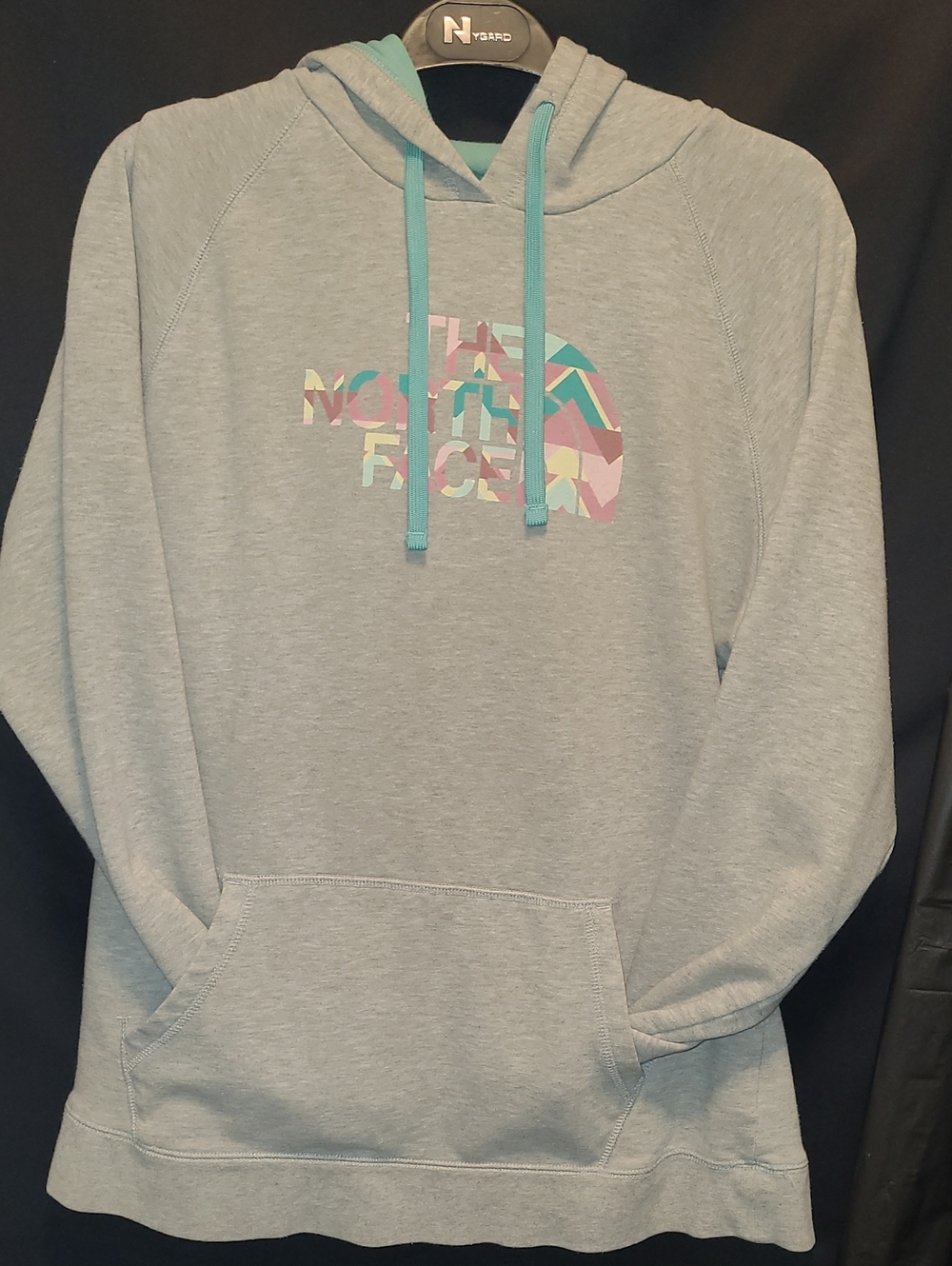 The North Face Light Gray Hoodie with Teal Drawstrings and Multicolor Logo SZ:XL